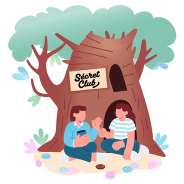 A treehouse nestled among thick, leafy branches is visible, constructed from wood with a rustic appearance. Inside the treehouse, two children are sitting on the floor, surrounded by scattered snacks like cookies and fruit. One child wears a bright blue shirt and holds a small box, while the other child is in a striped t-shirt, leaning in to listen closely. Sunlight filters through the leaves, casting soft shadows inside the treehouse. A handmade sign hangs on the wall that reads "Secret Club." The atmosphere is warm and inviting, filled with a sense of adventure and childhood camaraderie.