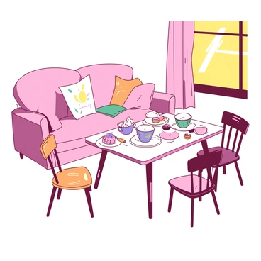 A small table set for a children's tea party with tiny cups and plates in a living room