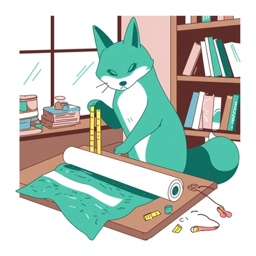 A teal fox is standing on its hind legs while measuring a roll of fabric with a yellow tape measure in a cozy sewing room. The room features a wooden table cluttered with colorful spools of thread and scissors. Sunlight streams through a window, illuminating the soft, patterned fabric laid out on the table. In the background, there are shelves filled with various fabrics and sewing tools. The fox appears focused on its task, with its ears perked up and a determined expression on its face.