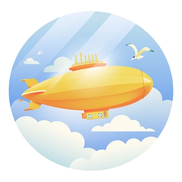 A large, majestic airship with a golden hull is sailing through fluffy white clouds. The airship features intricate details, such as ornate windows and a large propeller at the rear. Sunlight shines down, creating a soft glow on the polished surface of the airship. Below, the clouds appear soft and billowy, with shades of white and light gray. The sky is a gradient of blue, transitioning from deeper azure at the top to a lighter hue near the horizon. A few seagulls are seen flying nearby, adding to the serene atmosphere of the scene.