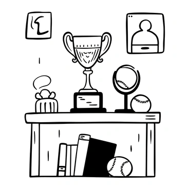 A tall, ornate trophy from a historic baseball tournament is prominently displayed on a wooden shelf. The trophy features intricate engravings and a shiny, polished surface. Surrounding the trophy are several baseballs, some resting on small stands, while others lie scattered around. The shelf is set against a textured wall, adding depth to the scene, with a few framed photographs of past tournaments hanging above it.