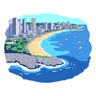 An aerial view of a coastal city showcases a vibrant urban landscape with a mix of tall buildings and smaller structures lining the shore. The city is bordered by a deep blue ocean, which reflects the sunlight. Seawalls made of sturdy gray stone extend along the coastline, designed to prevent erosion. These seawalls have a rough texture and are partially covered with patches of green vegetation. Beach areas are visible between the walls, with soft golden sand and scattered beachgoers enjoying the shore. Boats are moored in the harbor, adding to the lively atmosphere of this coastal city.