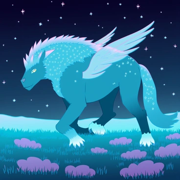 A beast with luminescent fur and ethereal wings prowling a starlit meadow