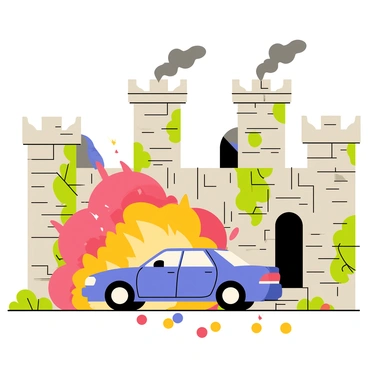 A car explosion near ancient castle ruins with stone walls and towers