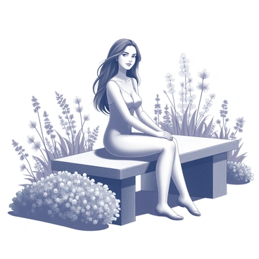 A woman with long flowing hair is sitting gracefully on a stone bench in a blooming garden. She has an elegant posture and a serene expression on her face. The garden is filled with various types of flowers, some are tall and slender while others are short and bushy. The flowers are arranged in clusters, creating a vibrant tapestry of shapes and forms. The sunlight casts gentle shadows on the ground, enhancing the intricate details of the flowers surrounding her. The scene conveys a sense of tranquility and harmony with nature.