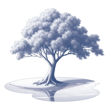 A large tree with a thick trunk and a broad canopy stands by the riverside. The tree is adorned with numerous lush leaves that create a dense foliage. The roots of the tree extend into the sandy riverbank, and some lean toward the flowing water. The scene captures the reflection of the tree in the calm river, creating a harmonious composition with nature.