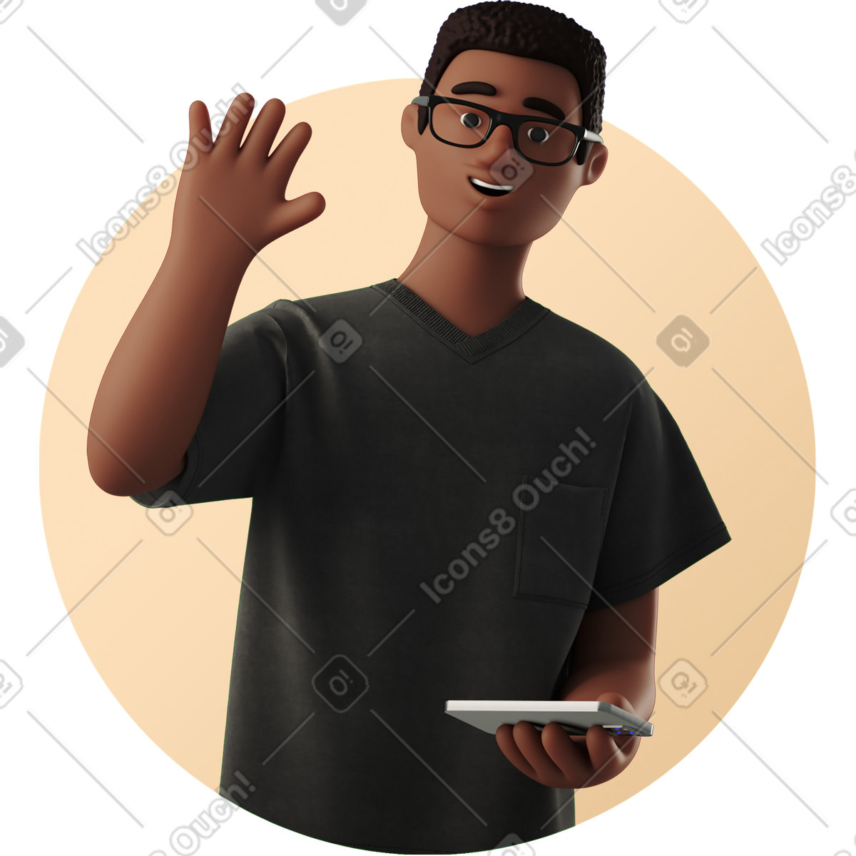 Avatar of a joyful man waving with phone illustration cartoon clipart SVG download