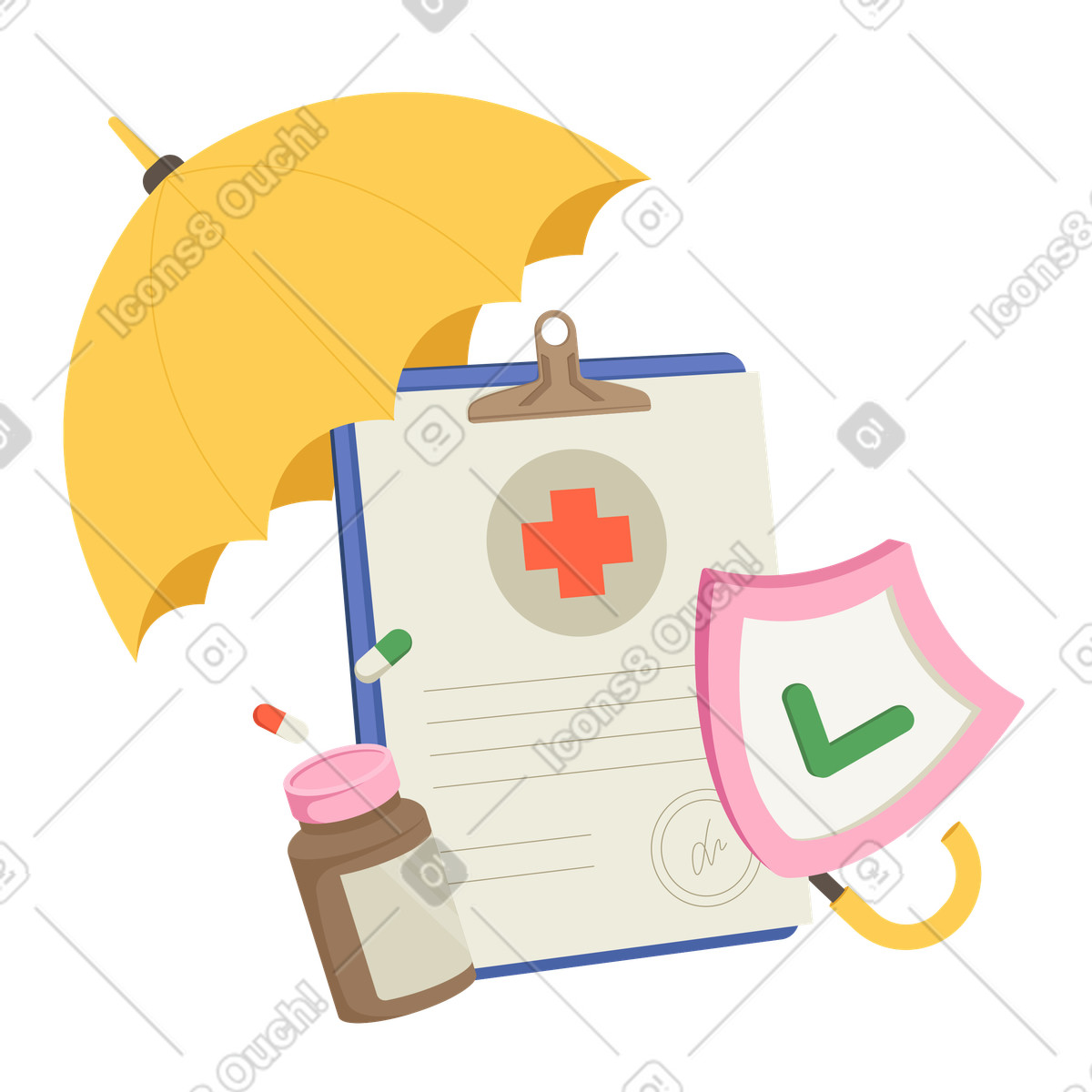 Medical insurance claim form and pills animated illustration in Social style download in GIF, Lottie (JSON), AE