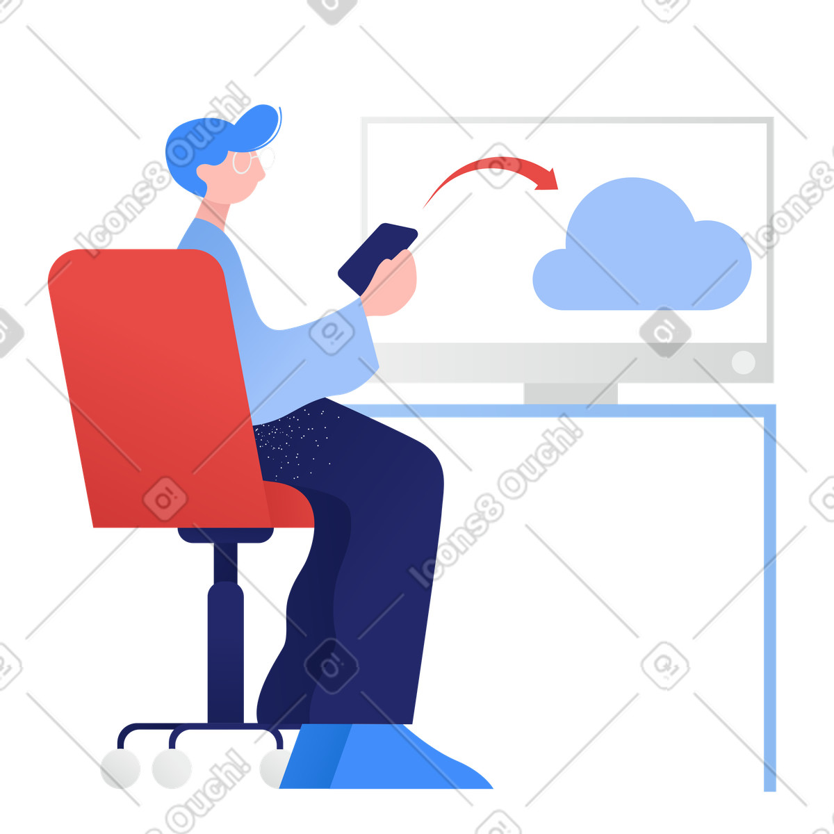 Uomo che carica file dal telefono al cloud illustrazione in stile Clip scarica in PNG, SVG