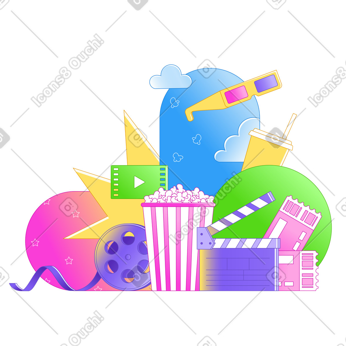 Rainbow 스타일의 팝콘과 3d 안경이 놓인 클랩보드 일러스트레이션 PNG, SVG 다운로드