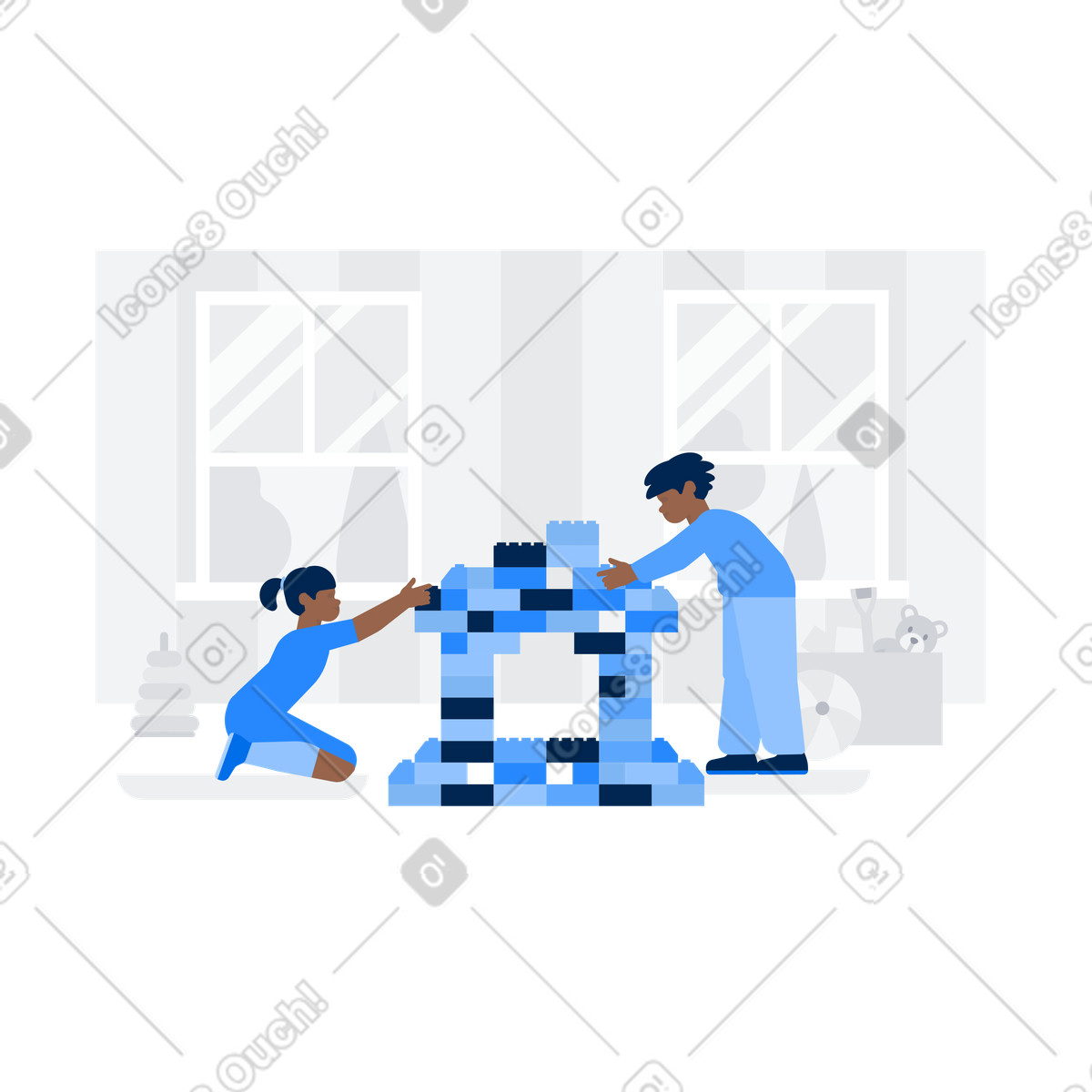 Kids playing with building blocks, Educational playtime and creativity illustration in Urban style download in PNG, SVG