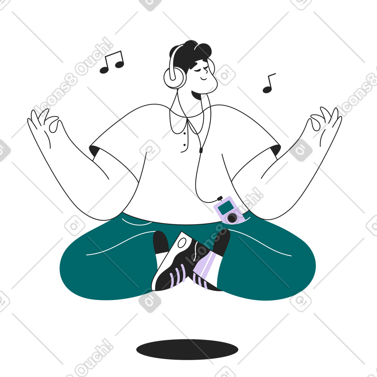 Mann meditiert, während er musik hört-Illustration im Sammy Line-Stil als Download in PNG, SVG