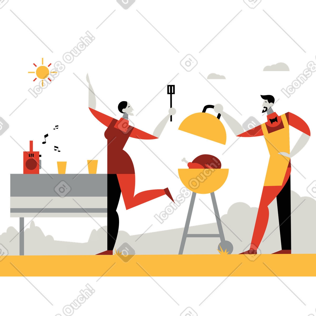 Coppia durante un picnic con barbecue illustrazione in stile Burgundy scarica in PNG, SVG