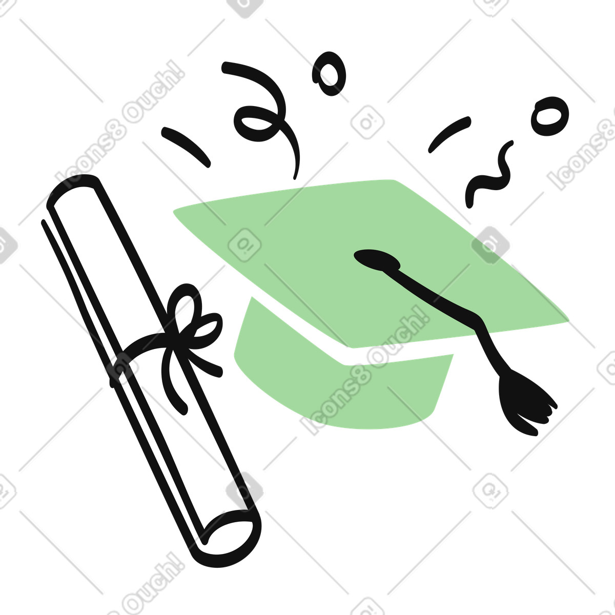 Ilustração de Graduation cap toss with diploma scroll and confetti celebration symbols em no estilo Organic para baixar em PNG, SVG