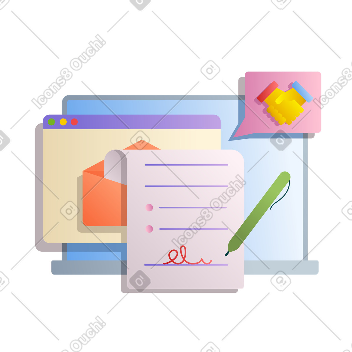 Signing digital contract on laptop, Electronic signature and document approval illustration in Silky style download in PNG, SVG