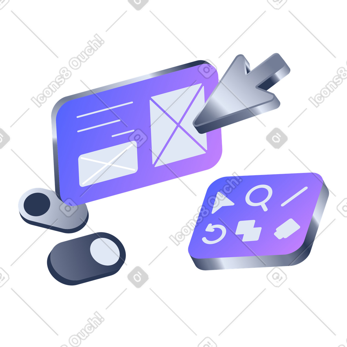 Elementi di web design: template, barra degli strumenti, interruttori e cursore illustrazione in stile Lucent scarica in PNG, SVG