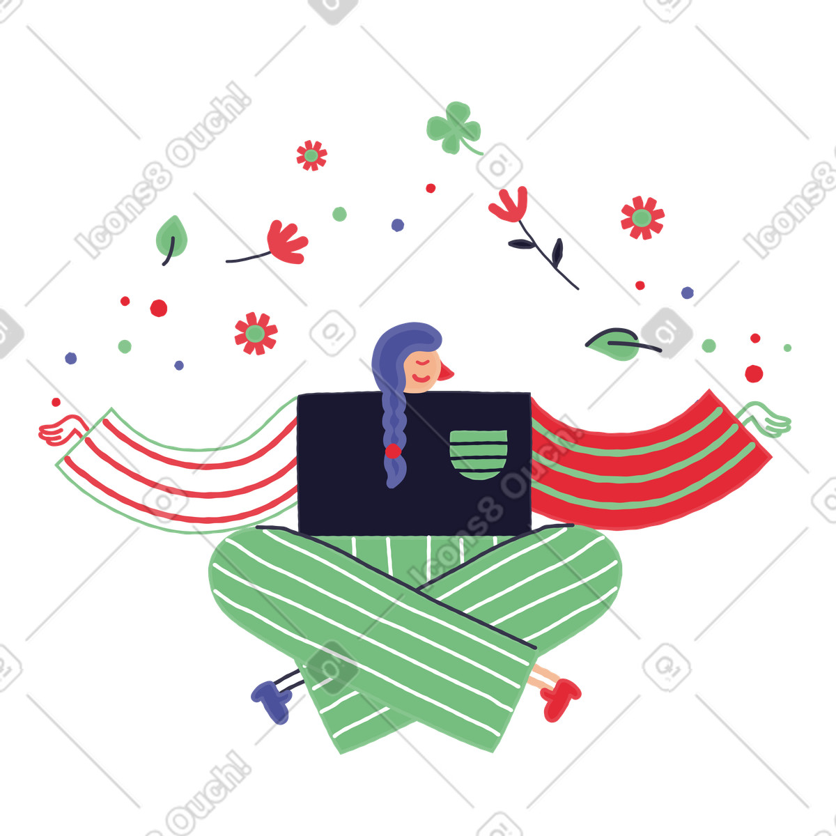 Illustration Femme méditant et prenant soin de sa santé mentale dans le style Stripy à télécharger aux formats PNG, SVG