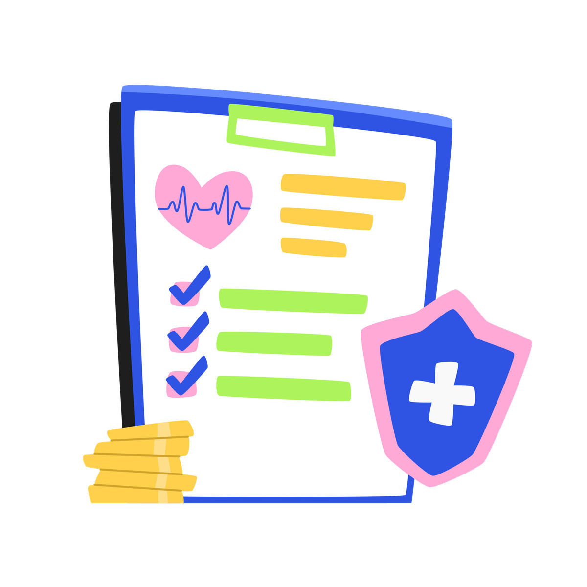 Ilustração de Insurance policy, coins and shield em no estilo Bouncy para baixar em PNG, SVG