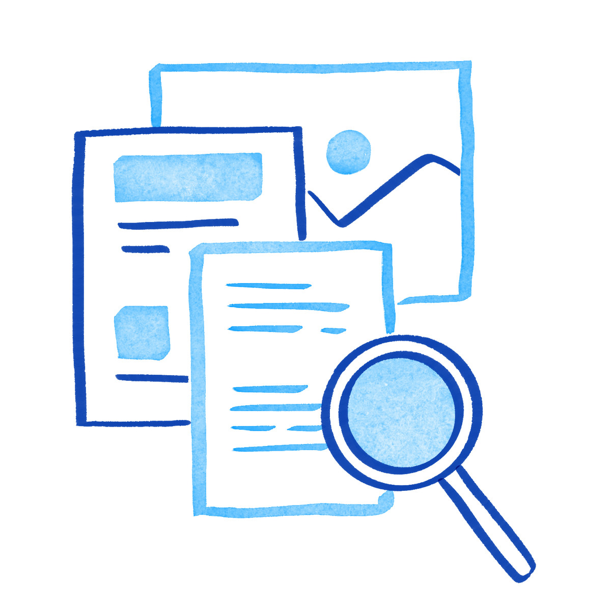 Magnifying glass searching digital documents and photo file for information illustration in Tint style download in PNG, SVG