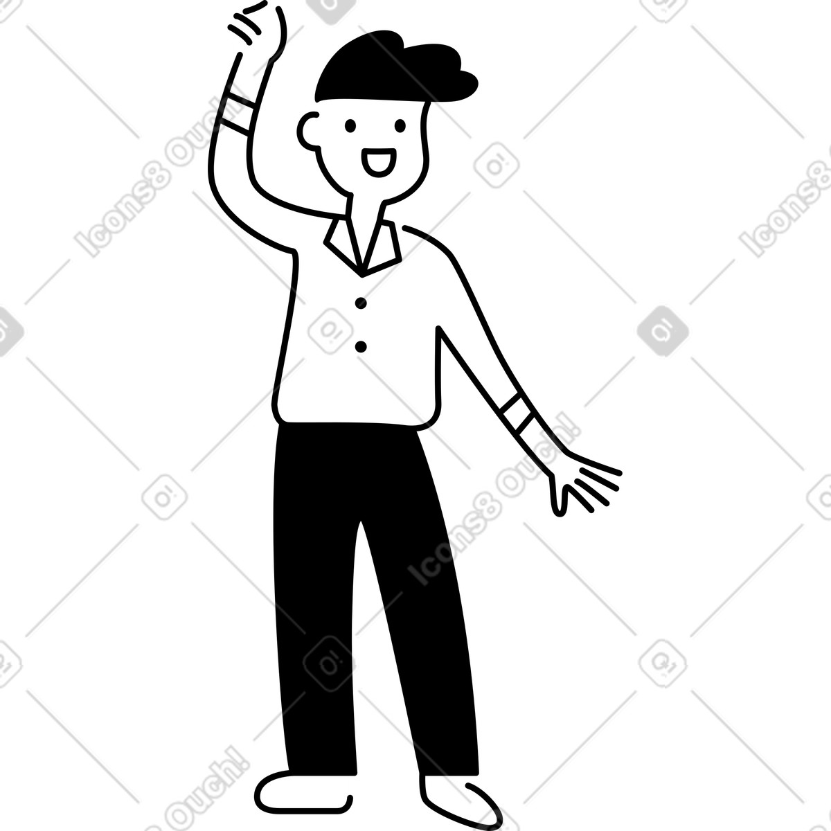 Character raising hand smiling face expressing joyful greeting gesture-Illustration im Notion Line Art-Stil als Download in PNG, SVG