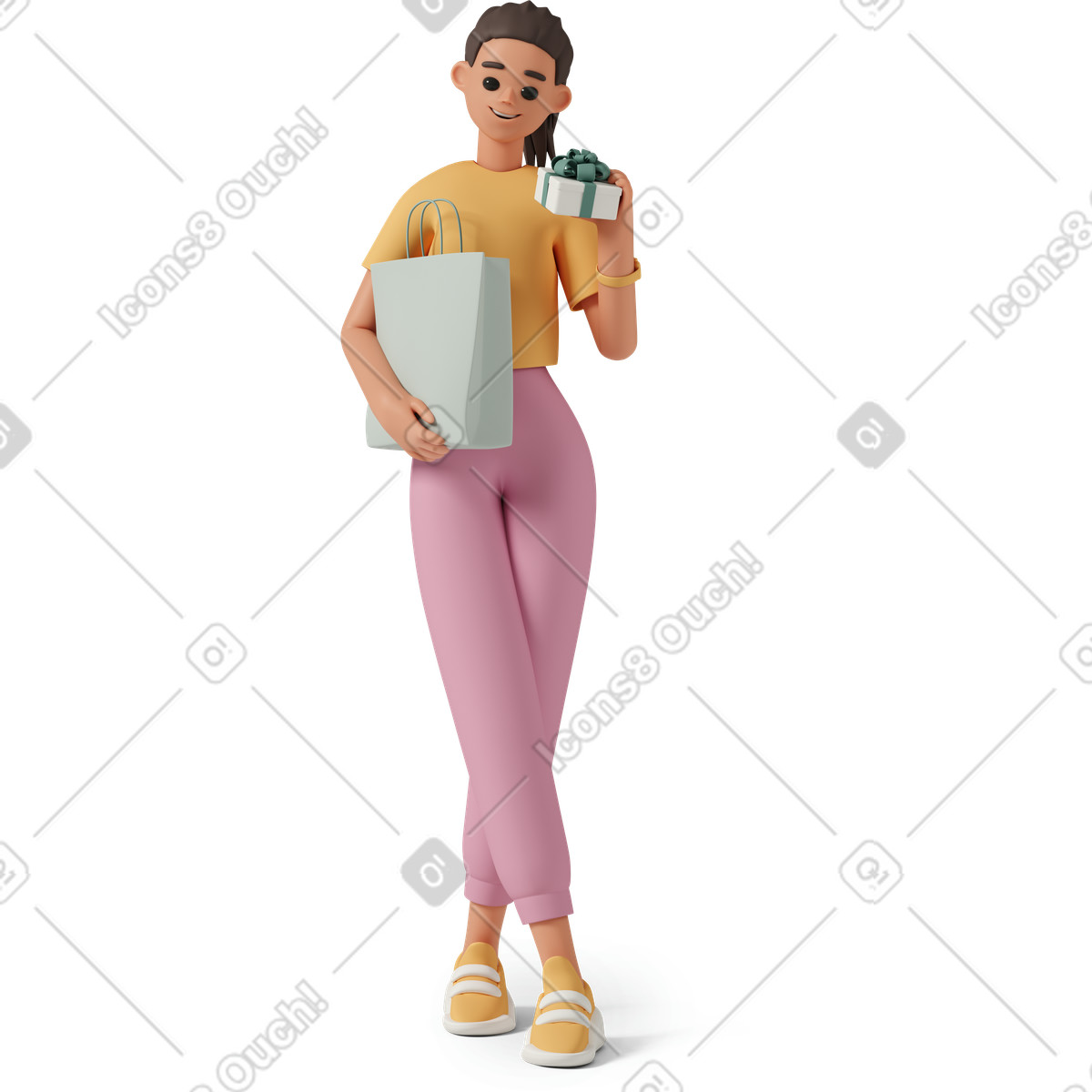 3D Casual life 스타일의 Girl with shopping bag and gift box 일러스트레이션 PNG, SVG 다운로드