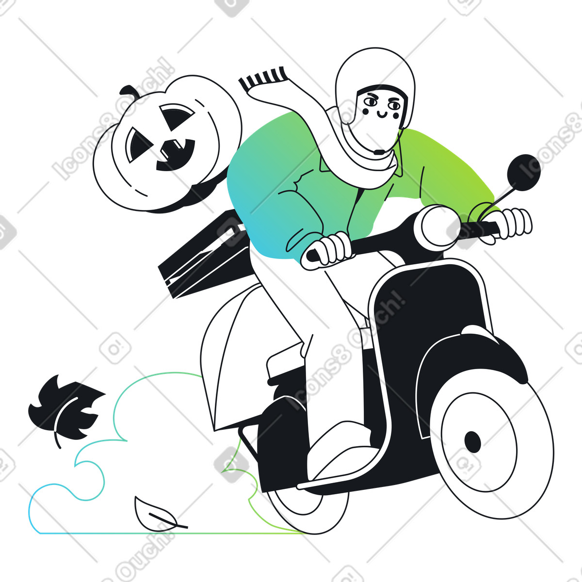 Scooter driver with carved pumpkin, Holiday courier or Halloween delivery illustration in Breeze style download in PNG, SVG