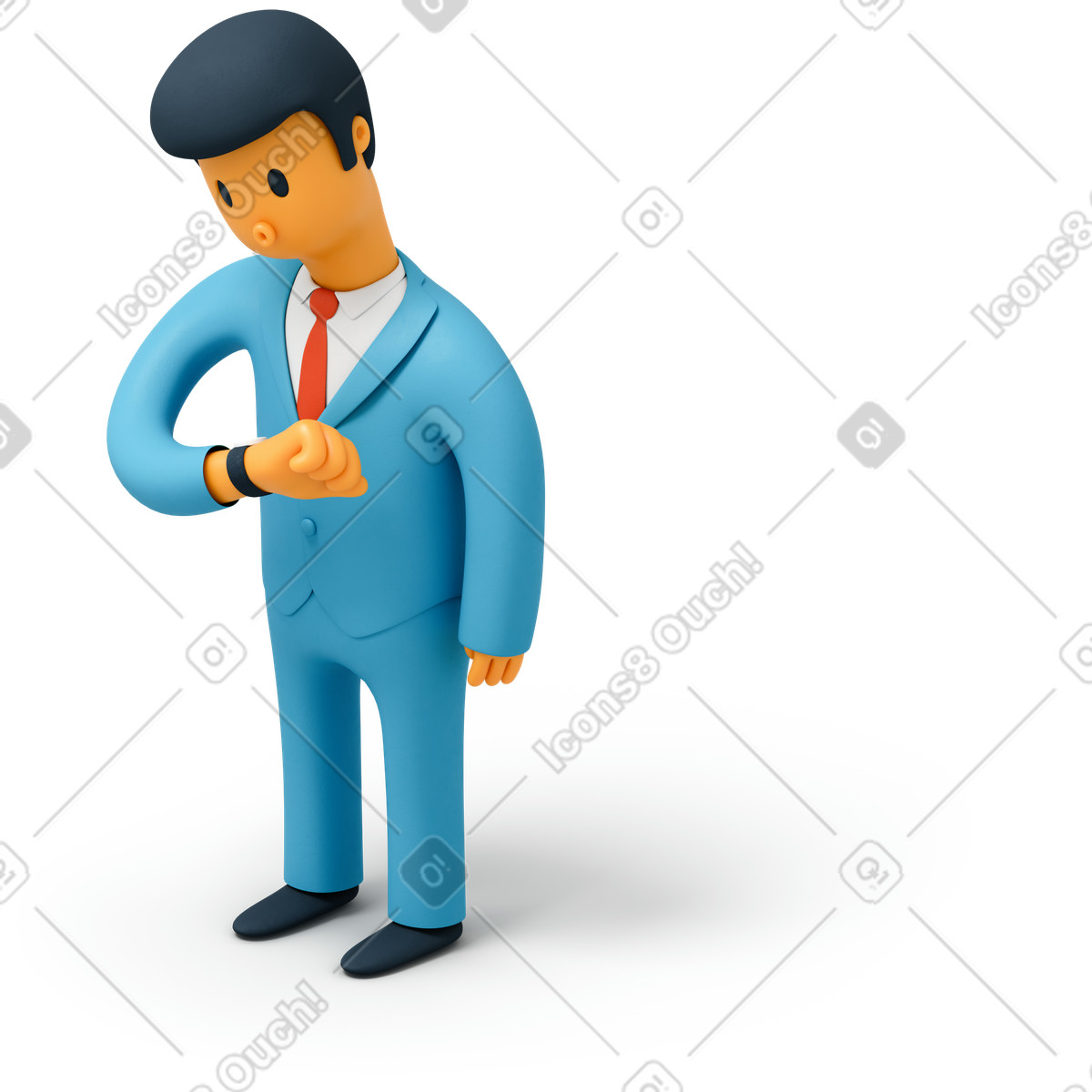 Geschäftsmann, der die zeit auf seiner uhr überprüft-Illustration im 3D Flame-Stil als Download in PNG, SVG