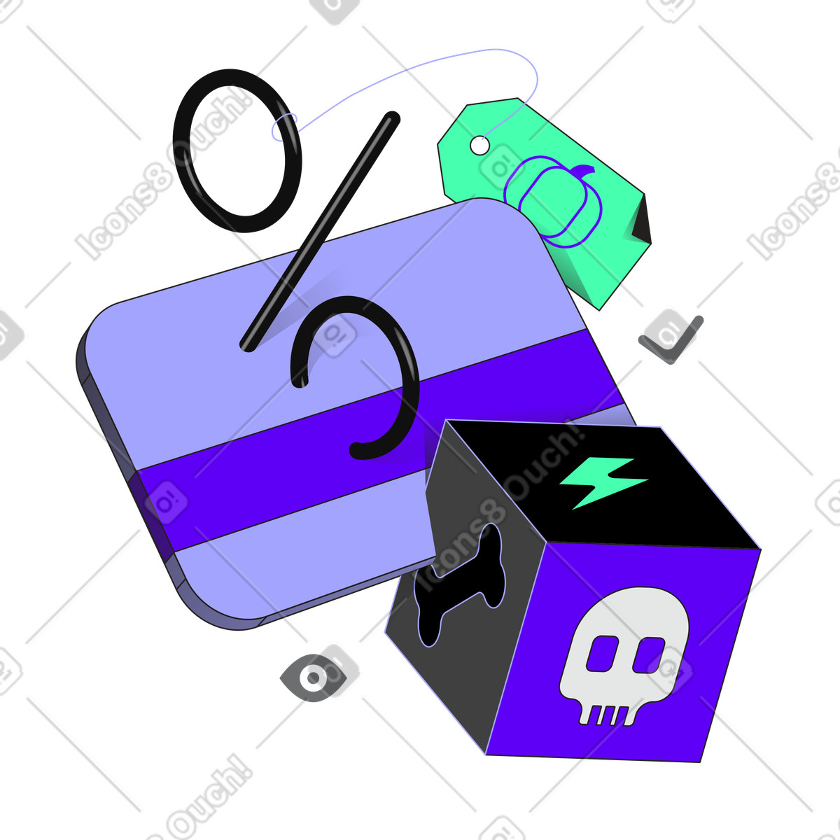 Ilustração de Venda halloween com cartão crédito e símbolo desconto em no estilo Incut para baixar em PNG, SVG