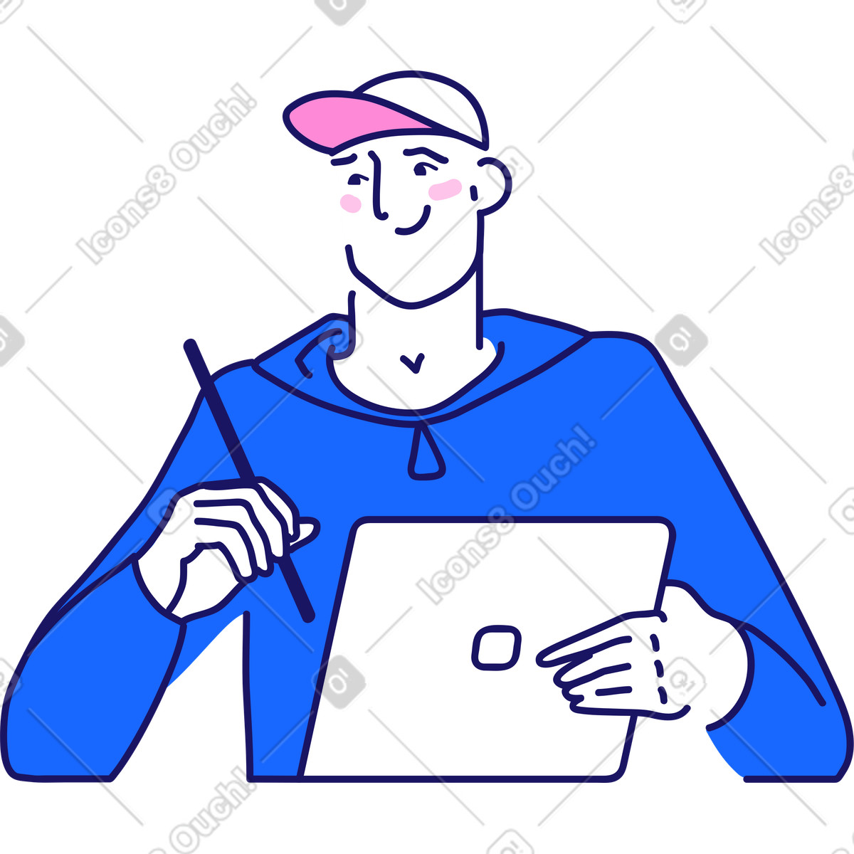 Uomo con un berretto che tiene in mano tablet e uno stilo illustrazione stile Matey scarica PNG, SVG