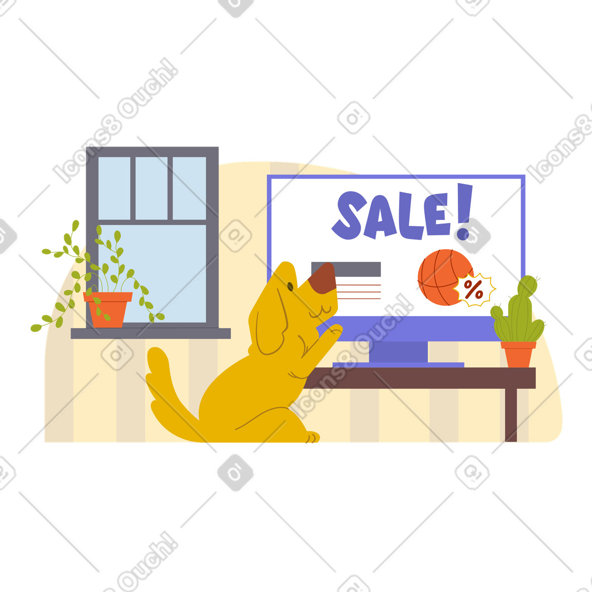 Ilustración Venta de texto y el perro está comprando en línea casa. estilo Woof a descargar PNG SVG