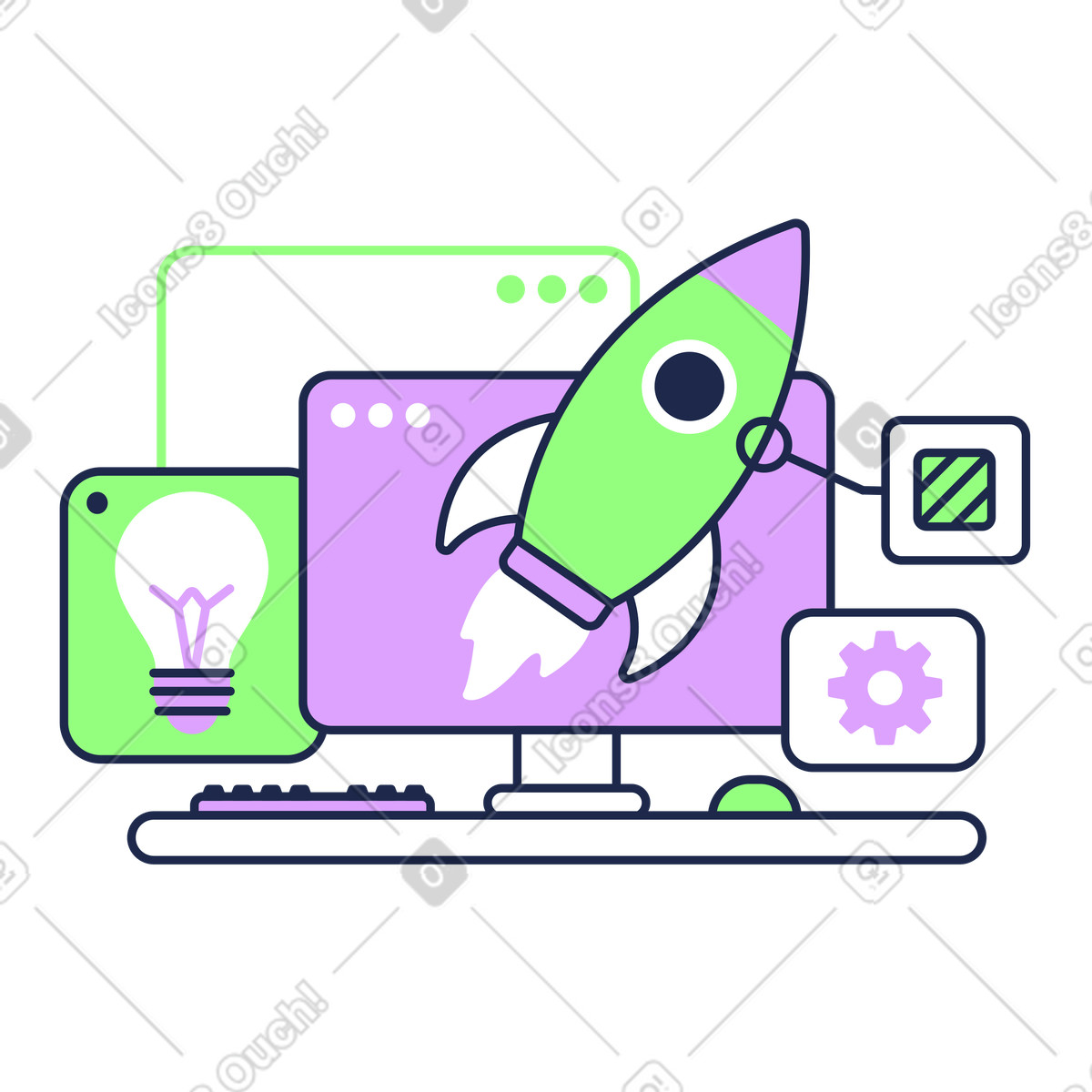 Rocket launching from computer monitor, Startup launch and entrepreneurship animated illustration in Outline style download in GIF, Lottie (JSON), AE