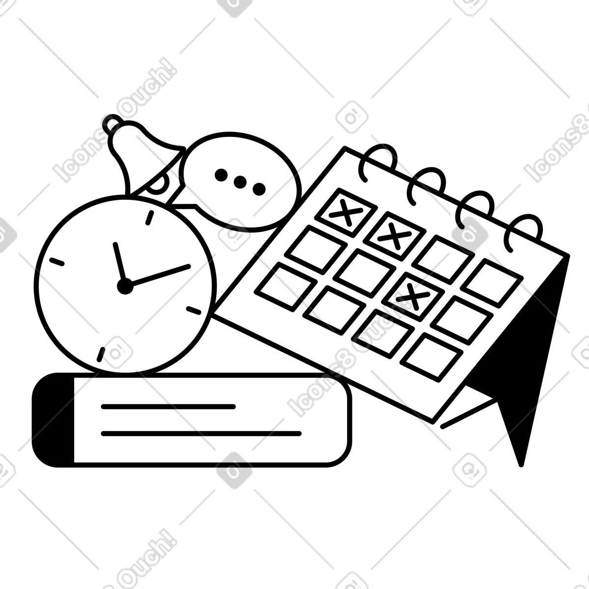 下载 Notion Line Art 风格的 Clock alarm beside desk calendar highlighting important scheduled task deadlines 插画，支持 PNG、SVG 格式