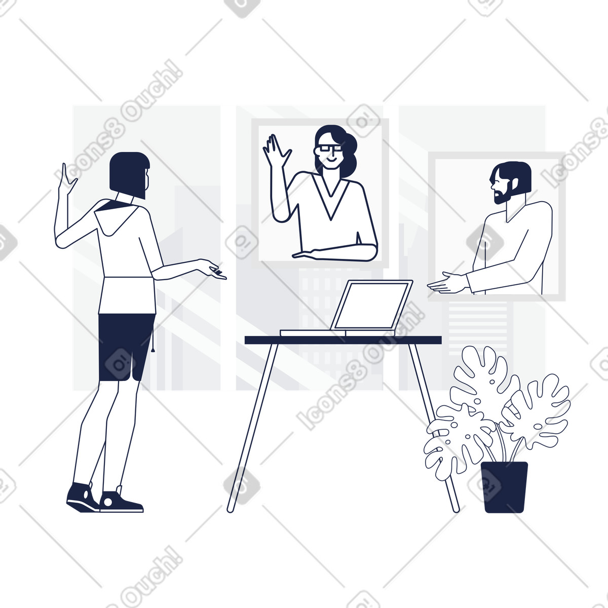 Colleagues interacting during virtual meeting, remote team collaboration-Illustration im Urban Line-Stil als Download in PNG, SVG