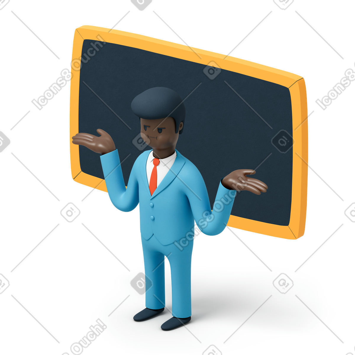 Ilustración El hombre es traje levantando las manos frente a la pizarra en estilo 3D Flame descargar en PNG y SVG