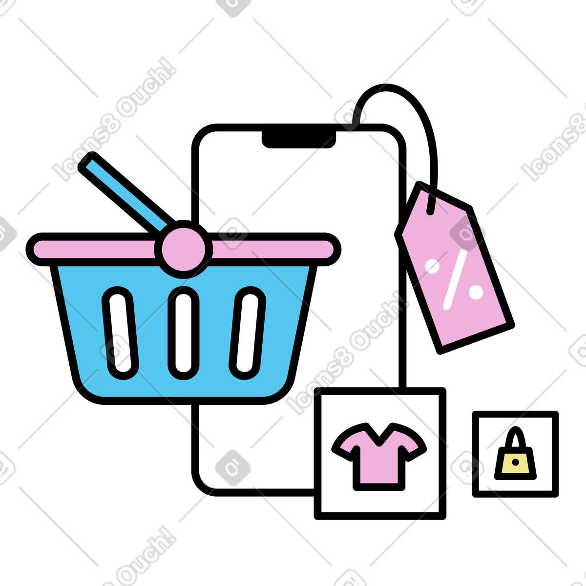 Mobile shopping app with basket, E-commerce and digital retail concept illustration in Mochi style download in PNG, SVG