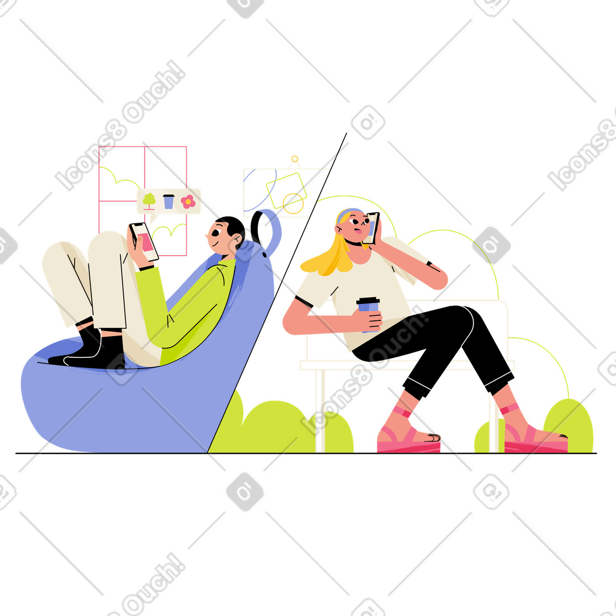 Couple talking on mobile phones, Remote conversation or keeping in touch illustrazione stile Juicy scarica PNG, SVG