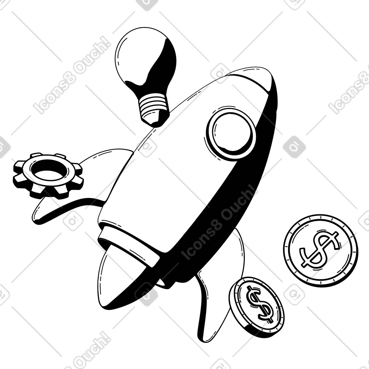 Ilustración Lanzamiento de un cohete con monedas y una bombilla, éxito empresarial crecimiento las ganancias startup. en estilo 3D Techny Line a descargar en PNG SVG