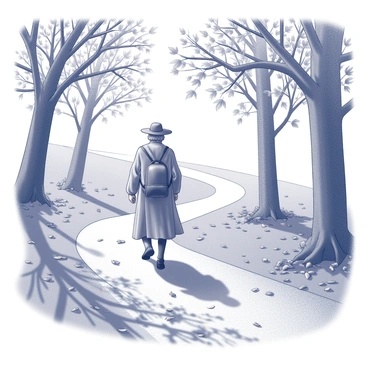 A pilgrim dressed in traditional attire, with a wide-brimmed hat and a satchel, is walking along a winding dirt path. The path is bordered by numerous trees shedding their leaves, creating a carpet of leaves in various stages of decay and texture. The ground is covered in a layer of dried leaves, and some leaves are gently falling from the branches above. The pilgrim is taking steady steps, appearing focused on his journey. Sunlight filters through the branches, casting intricate shadows on the ground.