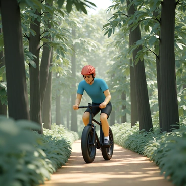 A person riding a treadmill bike, positioned upright and pedaling energetically. The rider is wearing a bright red helmet, a blue short-sleeve shirt, and black cycling shorts. They are navigating a narrow forest path surrounded by dense greenery. Tall trees with thick trunks rise on either side of the path, their leaves forming a lush canopy overhead. Sunlight filters through the foliage, creating dappled light on the ground. The bike has oversized tires to handle the rugged terrain, and the rider has a focused expression as they weave skillfully around the trees.
