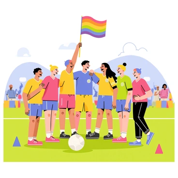A diverse sports team consisting of individuals with various gender identities is gathered on a vibrant green field. The players are wearing colorful uniforms that represent their unique identities. Some are holding a large rainbow flag high in the air, while others are embracing each other with smiles and laughter. A soccer ball rests on the ground in front of them, surrounded by colorful cones marking the game area. In the background, a clear blue sky and cheering spectators create a lively atmosphere. Each player exudes joy and camaraderie as they celebrate their differences during the fun game.