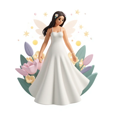 A woman, with long flowing hair adorned with small flowers, is depicted as a fairy. She has delicate, translucent wings that shimmer in the light. She is wearing a flowing gown made of soft pastel colors that blend harmoniously with her surroundings. Surrounding her are luminous orbs and sparkling dust, creating a magical atmosphere. The background features vibrant flowers and soft greenery, enhancing the enchanting feel of the scene.