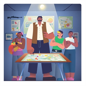 Gabbar Singh, a tall man with a rugged appearance and a thick mustache, is standing in the center of a dimly lit room, intently examining a large map spread out on a wooden table. He is wearing a brown vest over a white shirt and dark trousers, conveying a commanding presence. Surrounding him are his gang members, each displaying various expressions of anticipation and excitement. One member, with long hair and a bandana, leans closer to the map, pointing at a specific location with a determined look. Another member, with a muscular build and a tattoo on his arm, stands with his arms crossed, listening attentively. The walls of the room are adorned with weapons and old posters, adding to the atmosphere of intrigue. A single light bulb hangs from the ceiling, casting soft shadows across the scene.