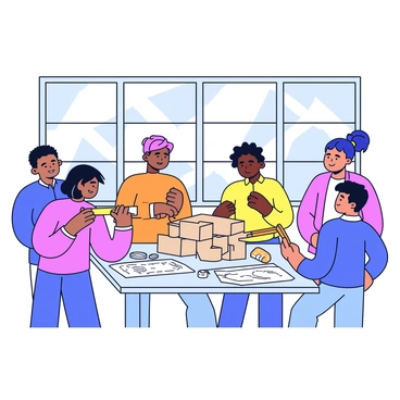 A diverse team of men and women working together on a project model. The group consists of individuals with different backgrounds and ethnicities, showcasing teamwork and collaboration. They are gathered around a large table, focused on assembling various materials, including wooden pieces, glue, and tools. Each person is actively engaged, with some holding parts of the model while others are using measuring tools. The workspace is organized with blueprints and sketches visible on the table. There is a backdrop of large windows allowing natural light to illuminate the scene.
