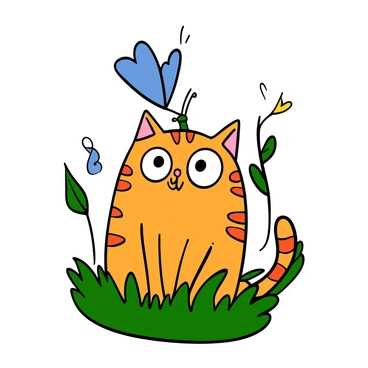 A cute tabby cat with big eyes, sitting on a grassy patch, is intently watching a colorful butterfly that is fluttering around its nose. The cat has distinct orange stripes on its fur and its ears are perked up in curiosity. The butterfly is vibrant with blue and yellow wings, adding a lively contrast to the scene. Sunlight filters through nearby leaves, casting dappled shadows on the ground, enhancing the playful atmosphere as the cat focuses on the delicate movement of the butterfly.