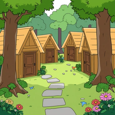 A hidden village nestled in the center of a dense green forest. The scene features several wooden huts constructed in a rustic style, each with a thatched roof and intricately carved doorways. Surrounding the huts are tall trees with thick trunks and lush, vibrant leaves, casting dappled sunlight onto the ground. A narrow, winding path made of stones leads through the village, connecting the huts. Colorful flowers bloom in patches around the huts, adding splashes of color to the earthy tones of the wooden structures and natural surroundings. In the background, a few birds can be seen perched on branches, and the faint sounds of a bubbling brook are implied by the tranquility of the scene.