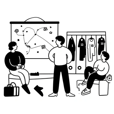A coach standing in front of a large screen displaying game footage, with a focused expression. Several players are seated on benches around the coach, intently watching the screen. One player is leaning forward with a notepad in hand, while another has a water bottle beside him. The locker room is filled with sports equipment, including jerseys hanging on hooks and bags on the floor. The atmosphere conveys a sense of teamwork and strategy.