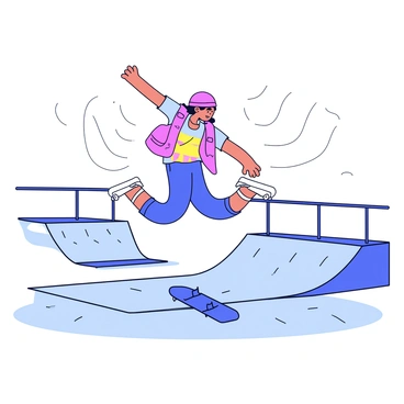A skateboarder is mid-air, executing a trick with their skateboard. The skateboarder is wearing a helmet and a colorful t-shirt, with loose-fitting shorts. The skate park features ramps and railings in the background. There are curved surfaces and angular elements that illustrate the skate park environment. The scene captures motion, with lines indicating speed and movement around the skateboarder. The ground is textured with a concrete surface.