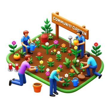 A lush community garden filled with vibrant flowers in various colors. Members of the community are actively planting and tending to the flowers. Some individuals are kneeling down, carefully placing seedlings in the rich soil, while others are watering the plants with brightly colored watering cans. A variety of gardening tools are scattered around, including shovels and trowels. The scene is lively with people of different ages and backgrounds, all working together to cultivate the garden. "Community Garden" is prominently displayed on a wooden sign at the entrance.