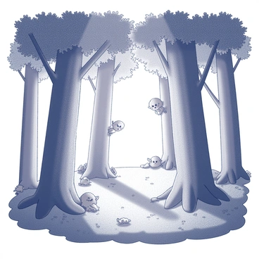 A dense forest filled with towering trees, their trunks thick and textured. The foliage is lush and varied, with leaves creating a tapestry above. Several whimsical creatures, such as small fairies and cute animal figures, can be seen peeking from behind the trees, their expressions curious and playful. The ground is covered in soft moss and scattered flowers, enhancing the enchanting atmosphere of the scene. Sunlight filters through the leaves, casting dappled shadows on the forest floor, adding depth to this imaginative setting.