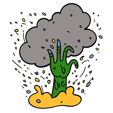 A zombie hand with decaying skin, partially buried in golden sand, reaches out from the ground. The fingers are bony and elongated, with dark, dirt-encrusted nails. A fierce sandstorm swirls around, sending grains of sand swirling through the air. The sky is overcast with dense, dark clouds, creating a chaotic atmosphere. Flurries of sand obscure the background, while the hand remains a stark focal point emerging from the desert landscape.